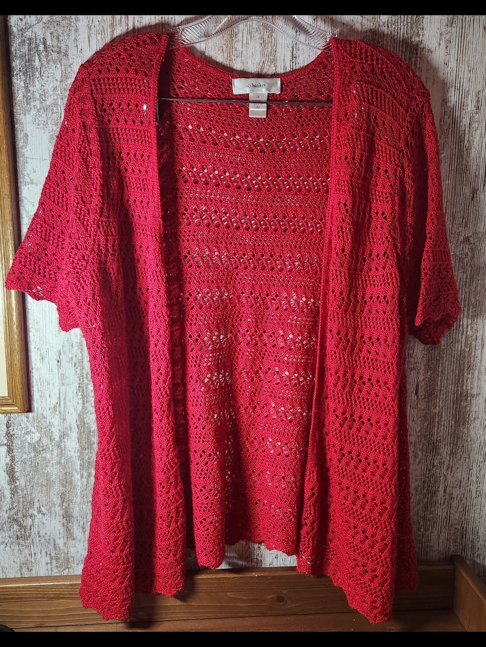 CJ Banks Red Crochet Open-Front Cardigan Size 1X